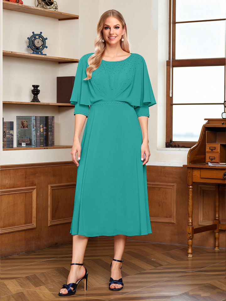 A-Line/Princess Scoop Half Sleeves Tea-Length Ruched Mother of the Bride with Beading &amp; Cape