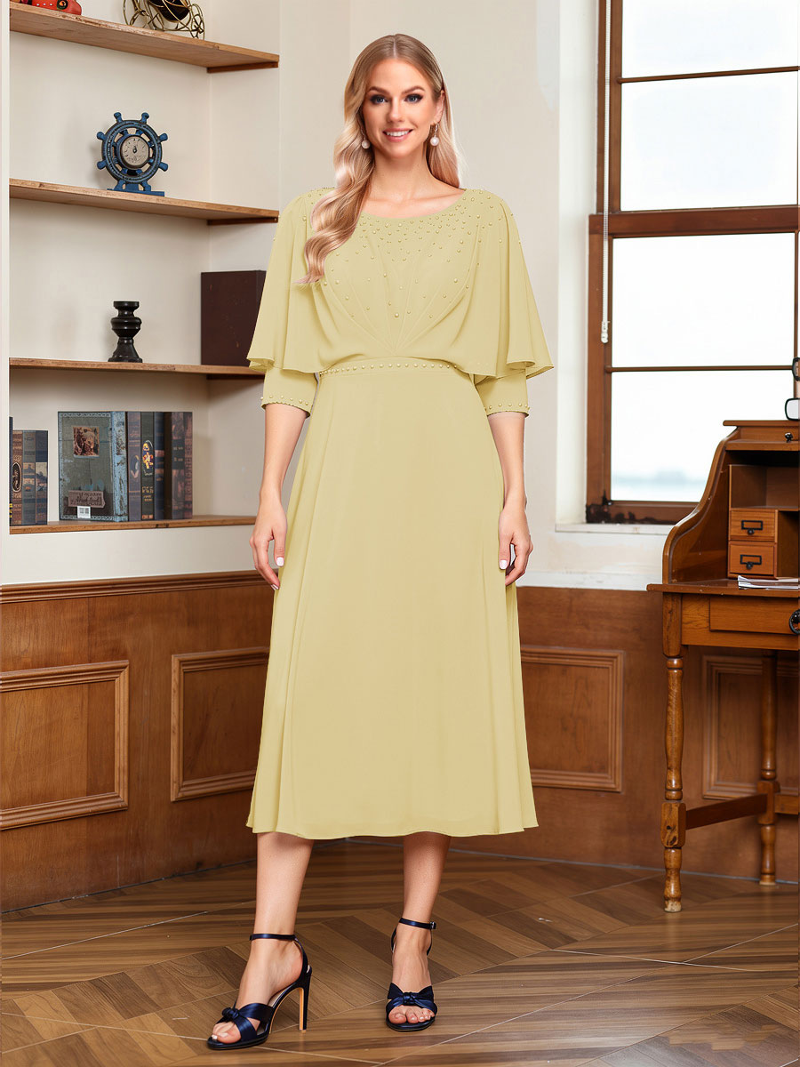 A-Line/Princess Scoop Half Sleeves Tea-Length Ruched Mother of the Bride with Beading &amp; Cape