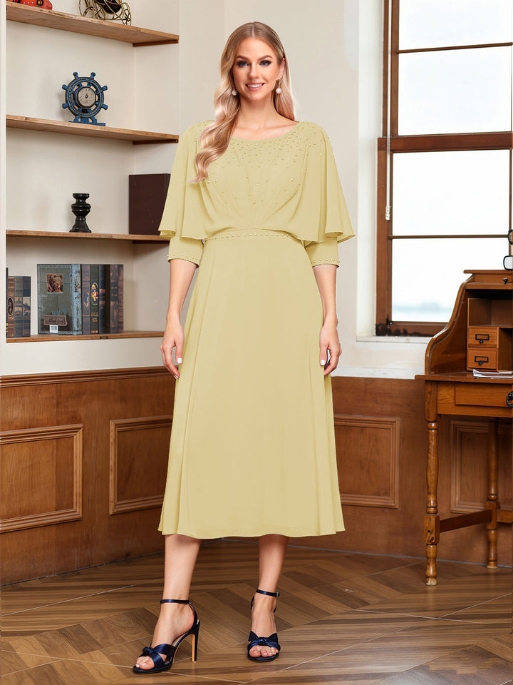 A-Line/Princess Scoop Half Sleeves Tea-Length Ruched Mother of the Bride with Beading &amp; Cape
