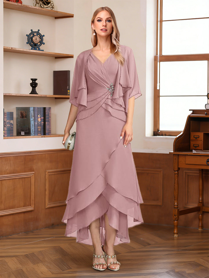 A-Line/Princess Half Sleeves V-Neck Asymmetrical Mother of the Bride with Ruched &amp; Beading