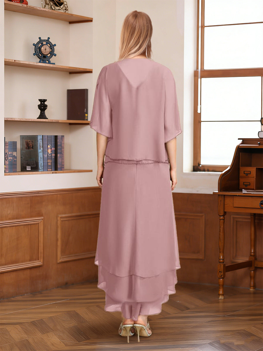 A-Line/Princess Half Sleeves V-Neck Asymmetrical Mother of the Bride with Ruched &amp; Beading