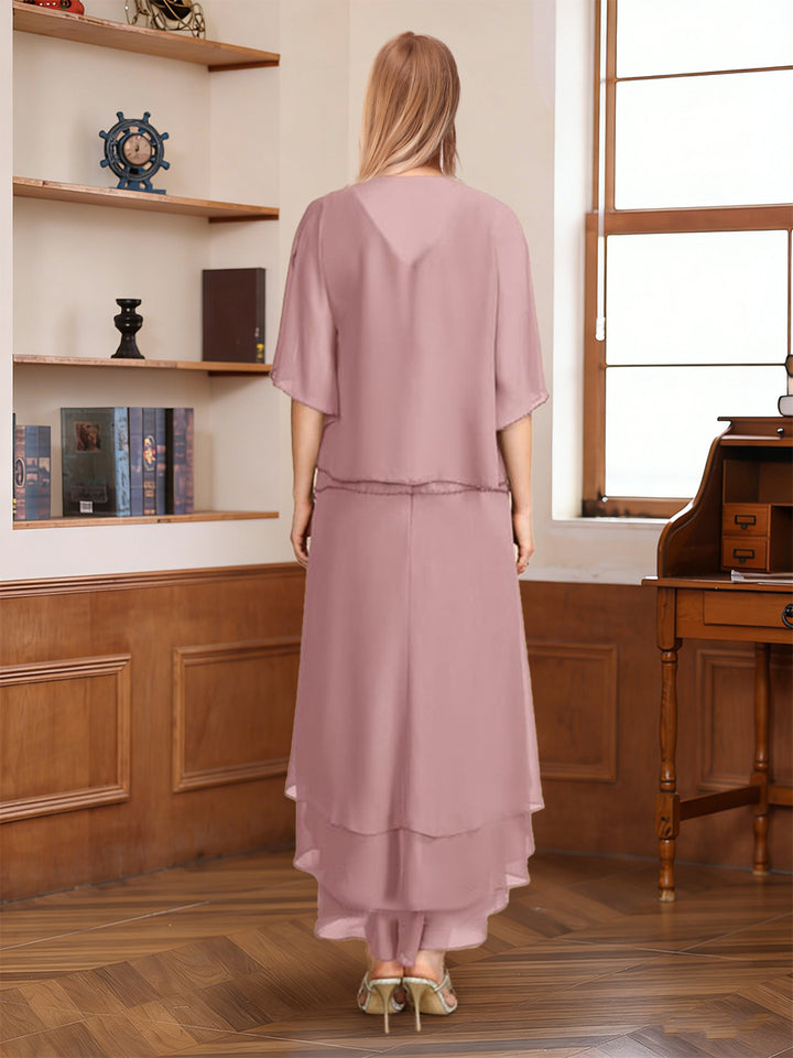 A-Line/Princess Half Sleeves V-Neck Asymmetrical Mother of the Bride with Ruched &amp; Beading