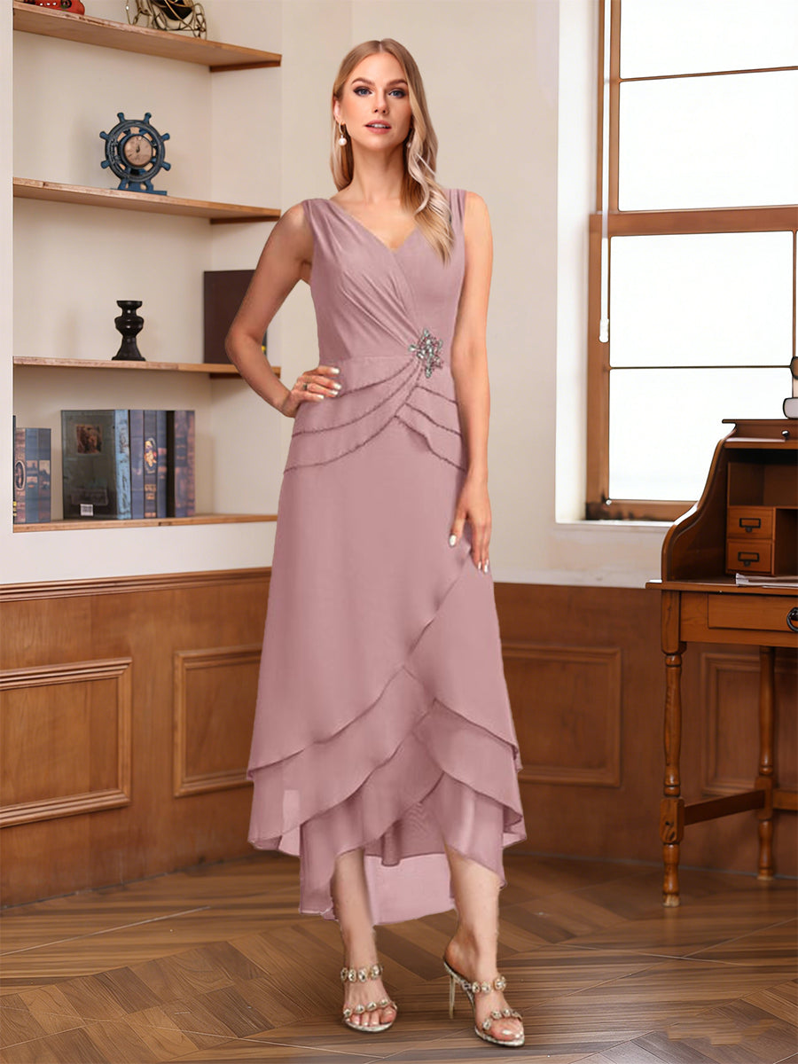 A-Line/Princess Half Sleeves V-Neck Asymmetrical Mother of the Bride with Ruched &amp; Beading