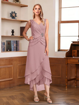 A-Line/Princess Half Sleeves V-Neck Asymmetrical Mother of the Bride with Ruched & Beading