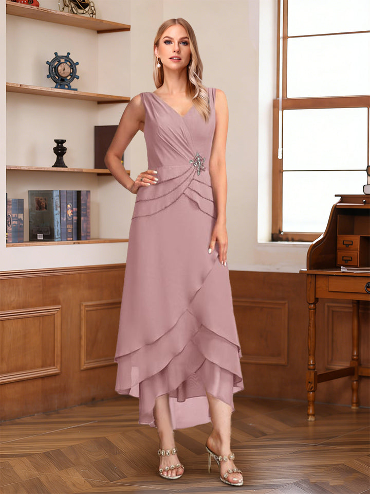 A-Line/Princess Half Sleeves V-Neck Asymmetrical Mother of the Bride with Ruched &amp; Beading