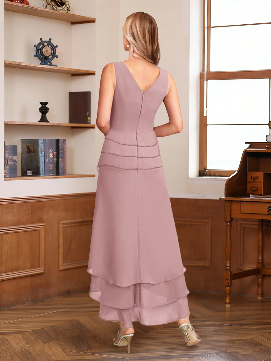 A-Line/Princess Half Sleeves V-Neck Asymmetrical Mother of the Bride with Ruched &amp; Beading