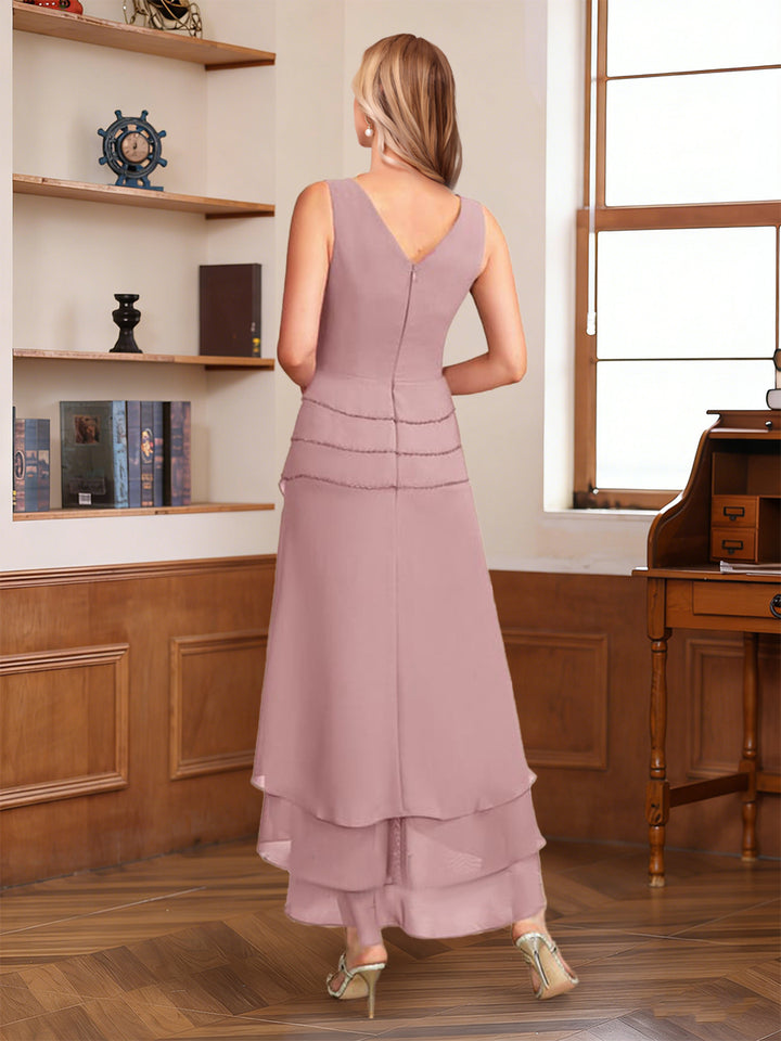 A-Line/Princess Half Sleeves V-Neck Asymmetrical Mother of the Bride with Ruched &amp; Beading