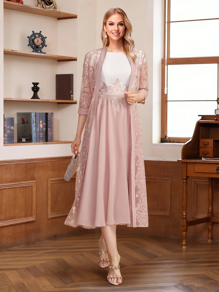 A-Line/Princess Scoop Short Sleeves Tea-Length Mother of the Bride with Applique &amp; Lace