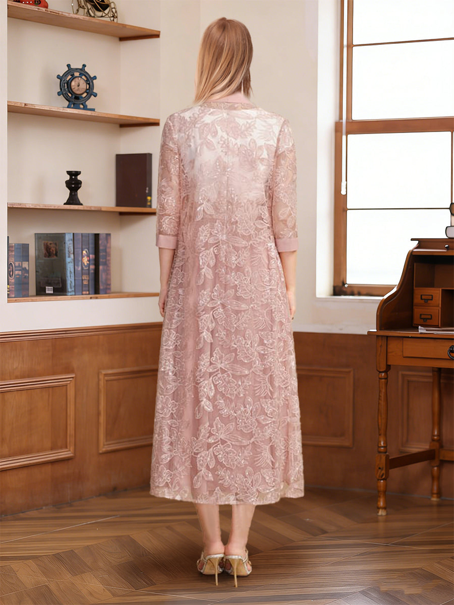 A-Line/Princess Scoop Short Sleeves Tea-Length Mother of the Bride with Applique &amp; Lace