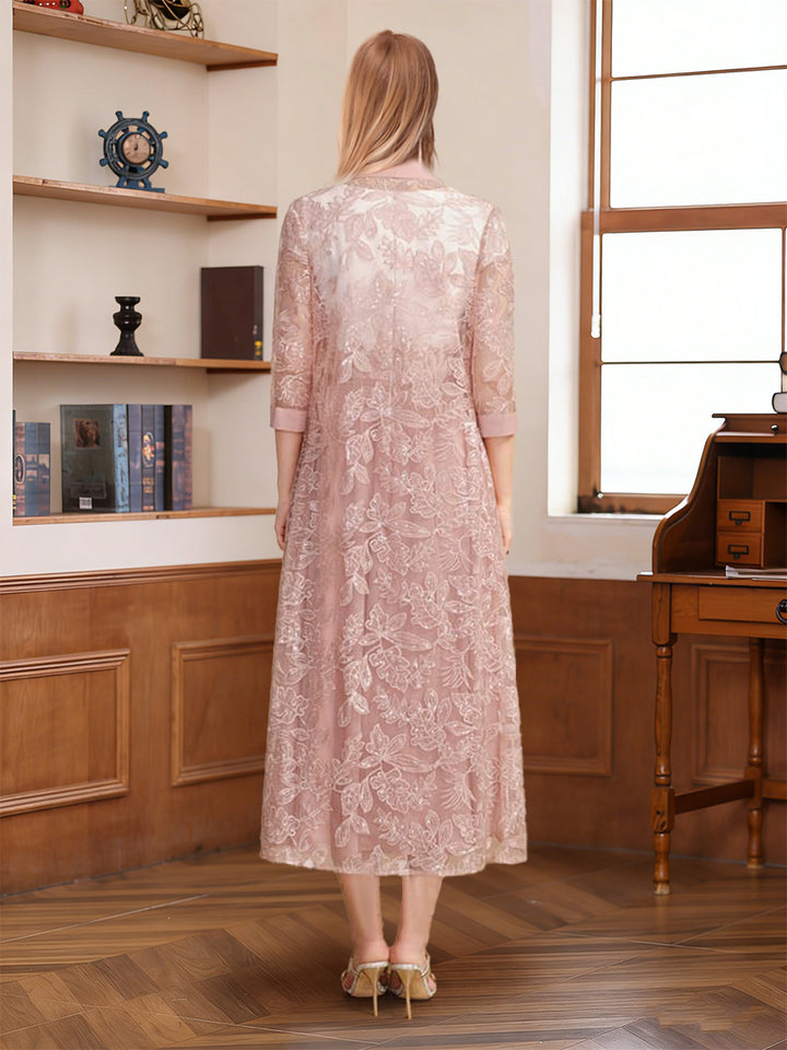 A-Line/Princess Scoop Short Sleeves Tea-Length Mother of the Bride with Applique &amp; Lace