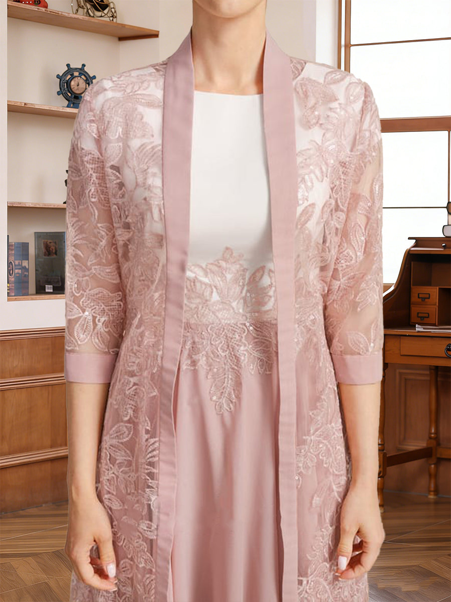 A-Line/Princess Scoop Short Sleeves Tea-Length Mother of the Bride with Applique &amp; Lace