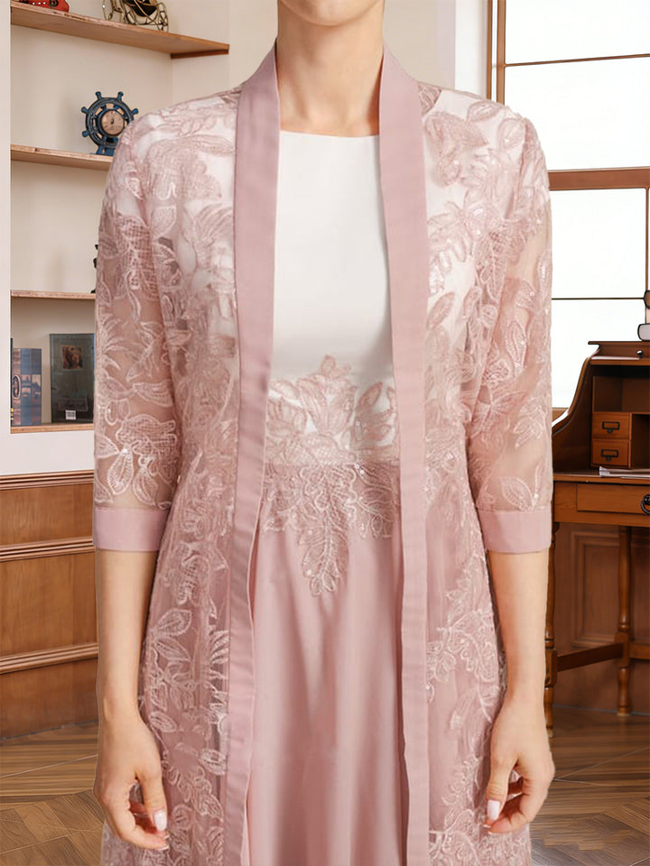 A-Line/Princess Scoop Short Sleeves Tea-Length Mother of the Bride with Applique &amp; Lace
