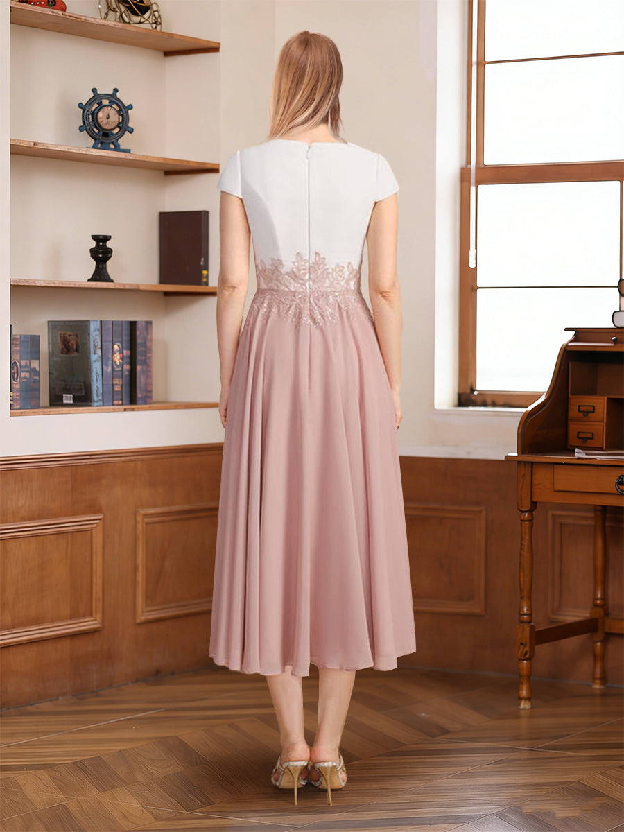 A-Line/Princess Scoop Short Sleeves Tea-Length Mother of the Bride with Applique &amp; Lace