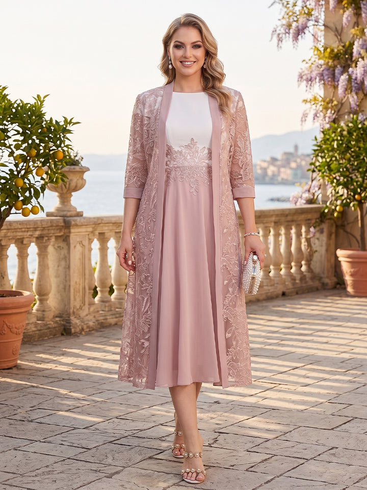 A-Line/Princess Scoop Short Sleeves Tea-Length Plus Size Mother of the Bride with Applique &amp; Lace