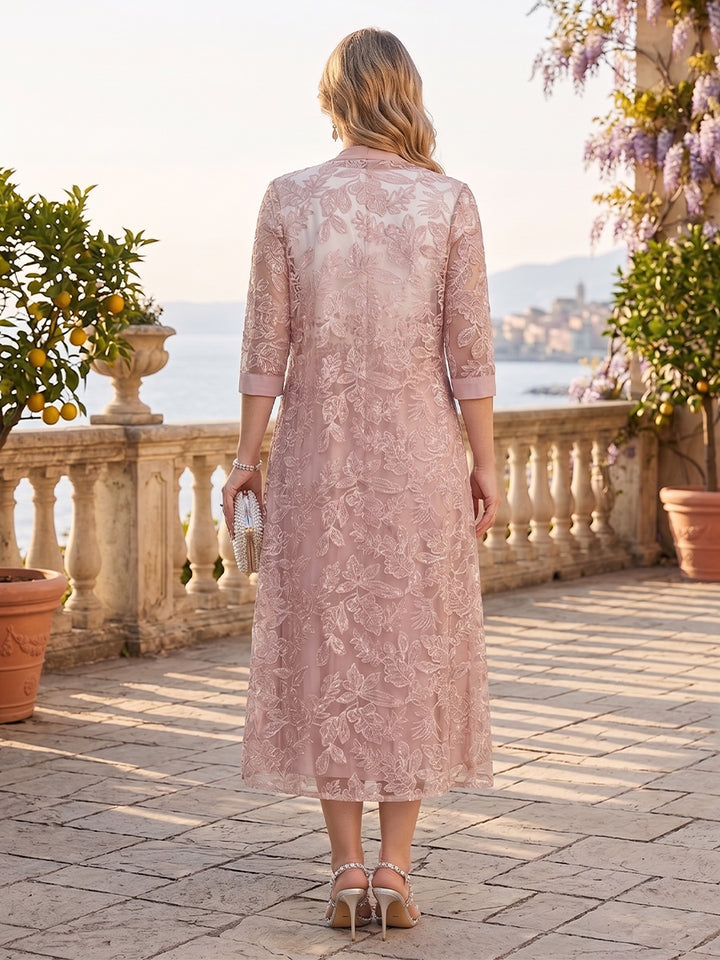 A-Line/Princess Scoop Short Sleeves Tea-Length Plus Size Mother of the Bride with Applique &amp; Lace