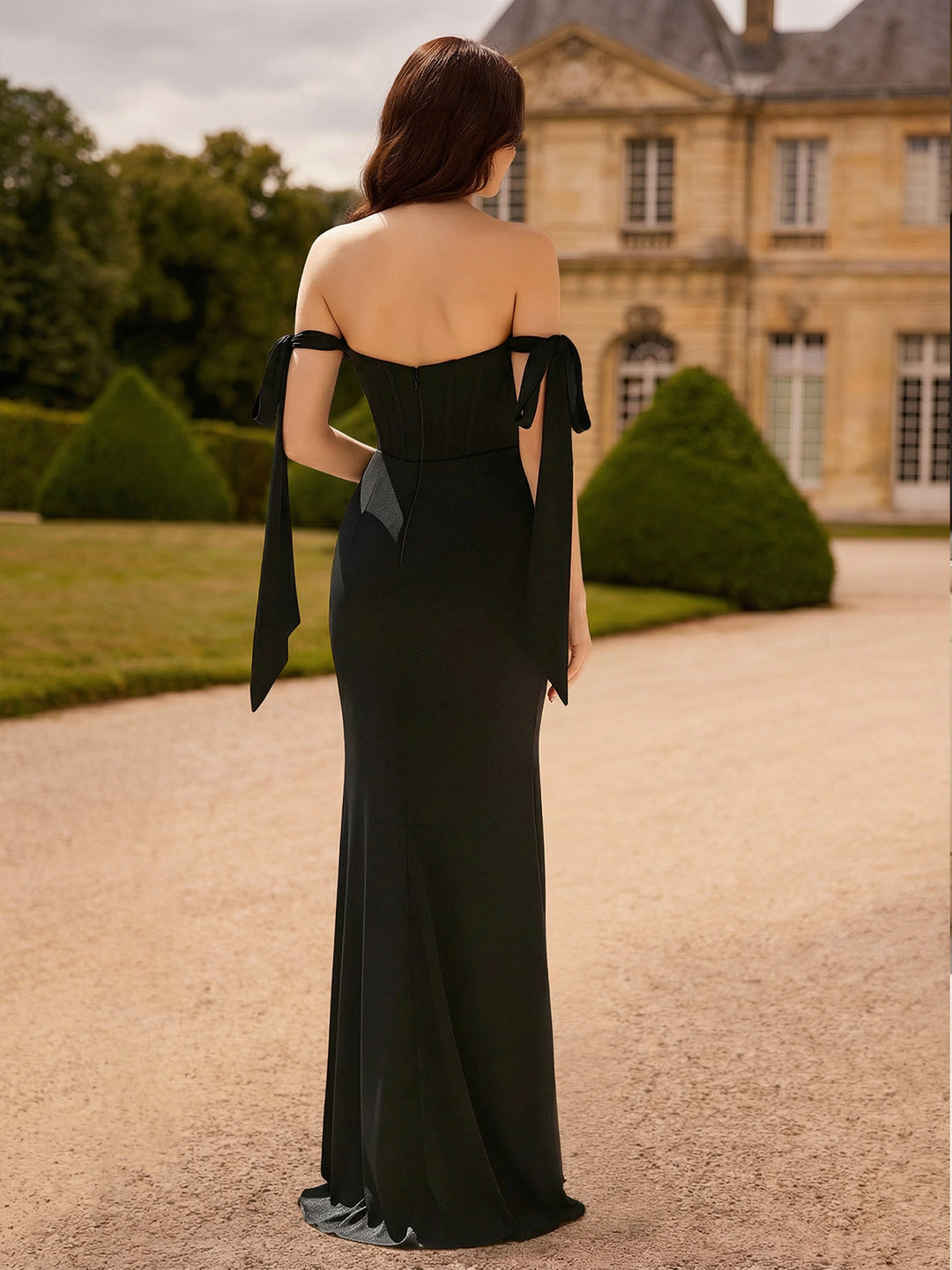 Sheath/Column Off-the-Shoulder  Long Prom Dresses with Split Side &amp; Bowknot