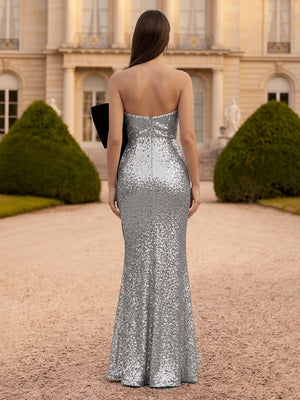 Trumpet/Mermaid Strapless Floor-Length Long Prom Dresses with Bowknot & Sequins