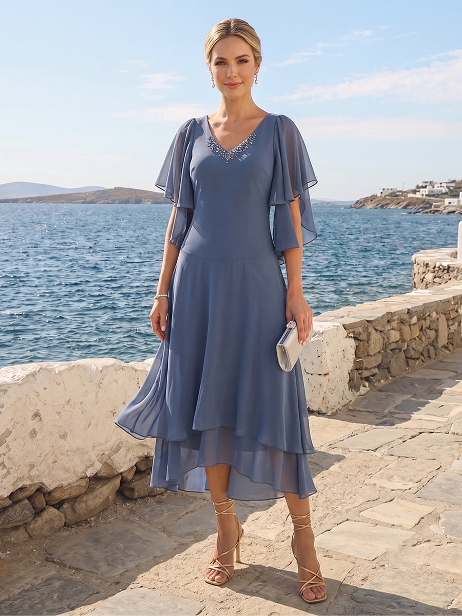 A-Line/Princess Short Sleeves V-Neck Tea-Length Mother of the Bride with Ruffles & Beading