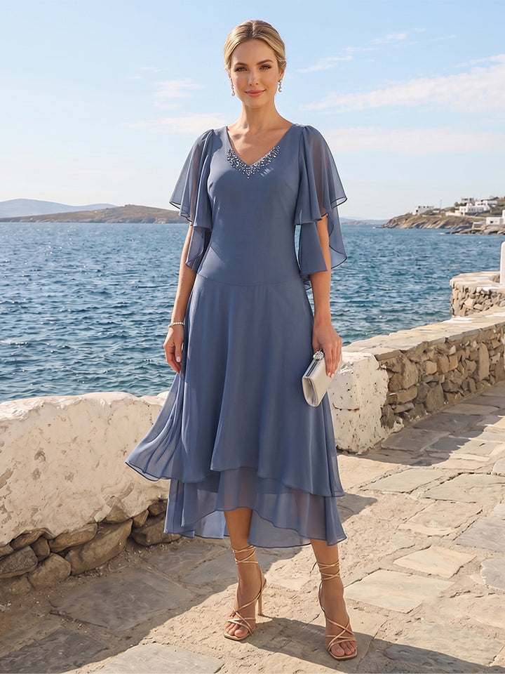A-Line/Princess Short Sleeves V-Neck Tea-Length Mother of the Bride with Ruffles &amp; Beading