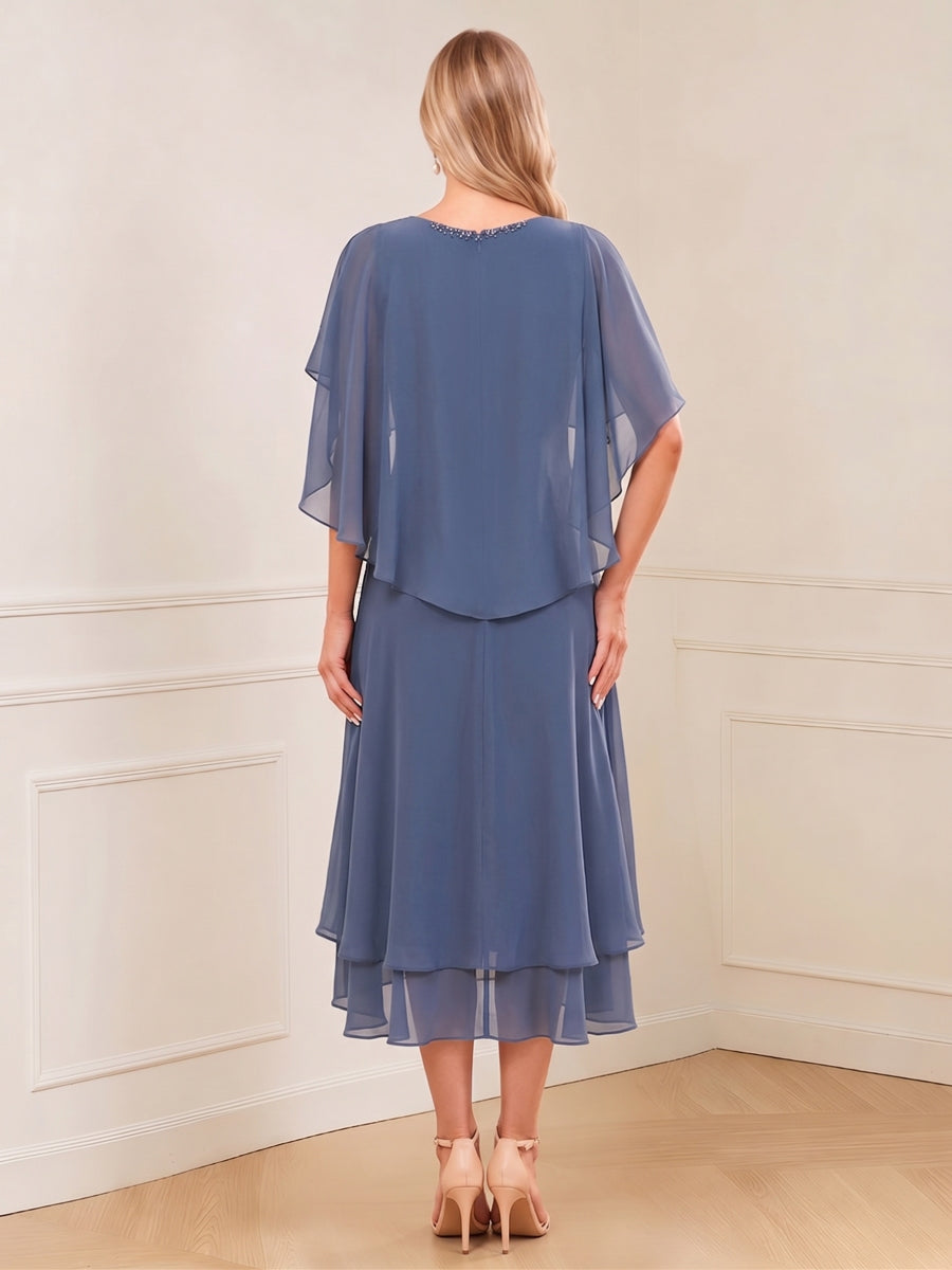 A-Line/Princess Short Sleeves V-Neck Tea-Length Mother of the Bride with Ruffles &amp; Beading