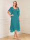 A-Line/Princess Short Sleeves V-Neck Tea-Length Mother of the Bride with Ruffles & Beading