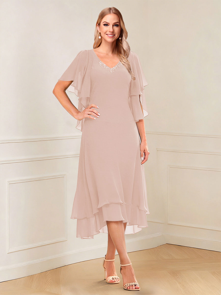 A-Line/Princess Short Sleeves V-Neck Tea-Length Mother of the Bride with Ruffles &amp; Beading