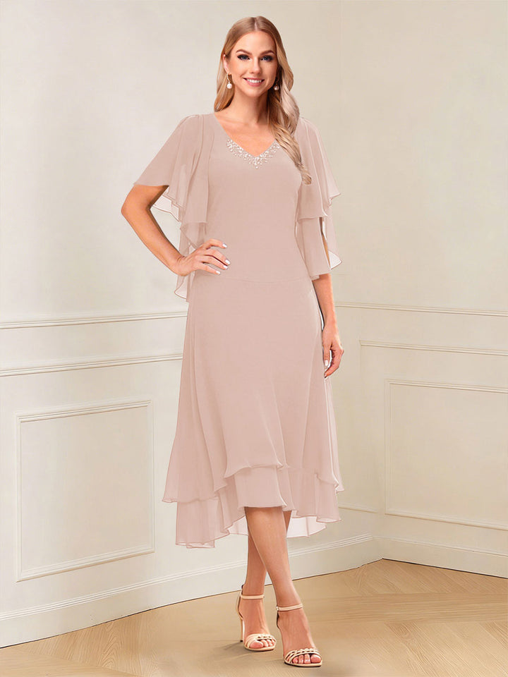 A-Line/Princess Short Sleeves V-Neck Tea-Length Mother of the Bride with Ruffles &amp; Beading