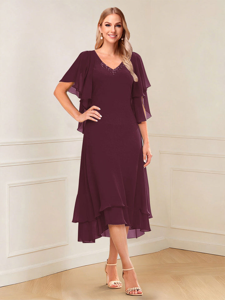A-Line/Princess Short Sleeves V-Neck Tea-Length Mother of the Bride with Ruffles &amp; Beading