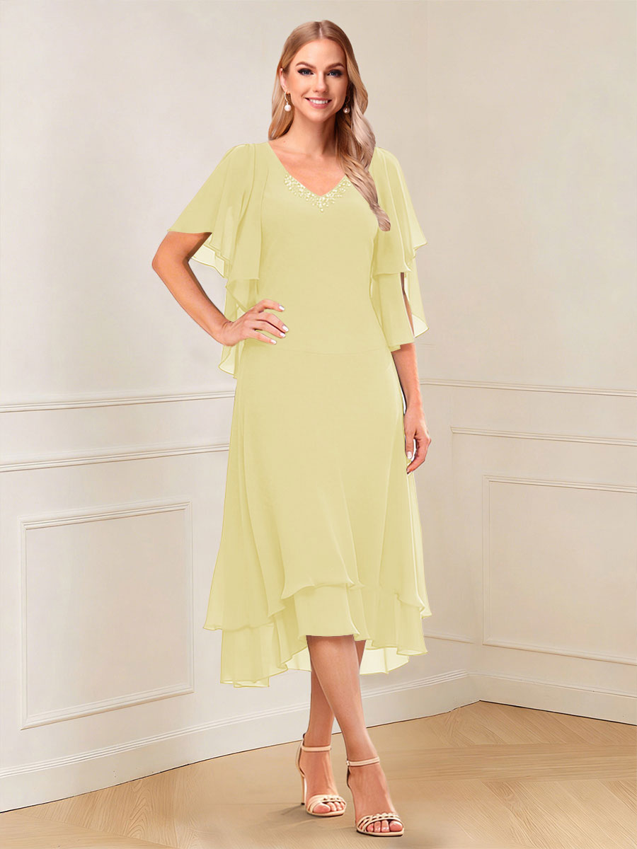 A-Line/Princess Short Sleeves V-Neck Tea-Length Mother of the Bride with Ruffles &amp; Beading