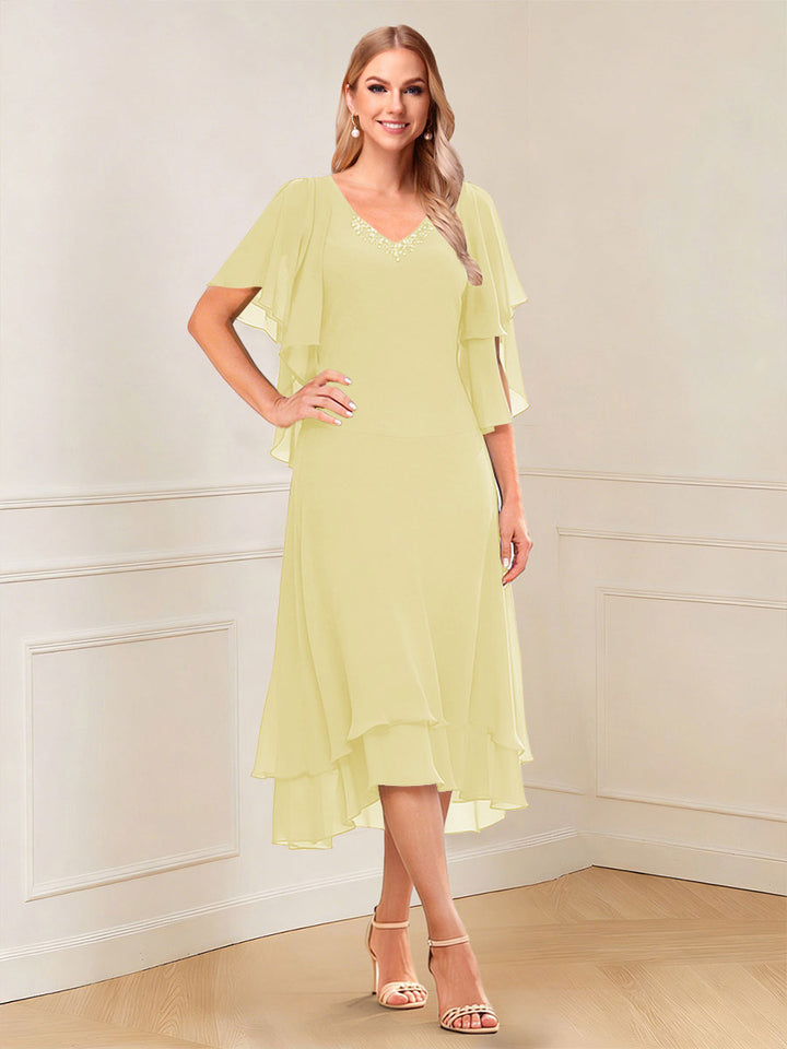 A-Line/Princess Short Sleeves V-Neck Tea-Length Mother of the Bride with Ruffles &amp; Beading