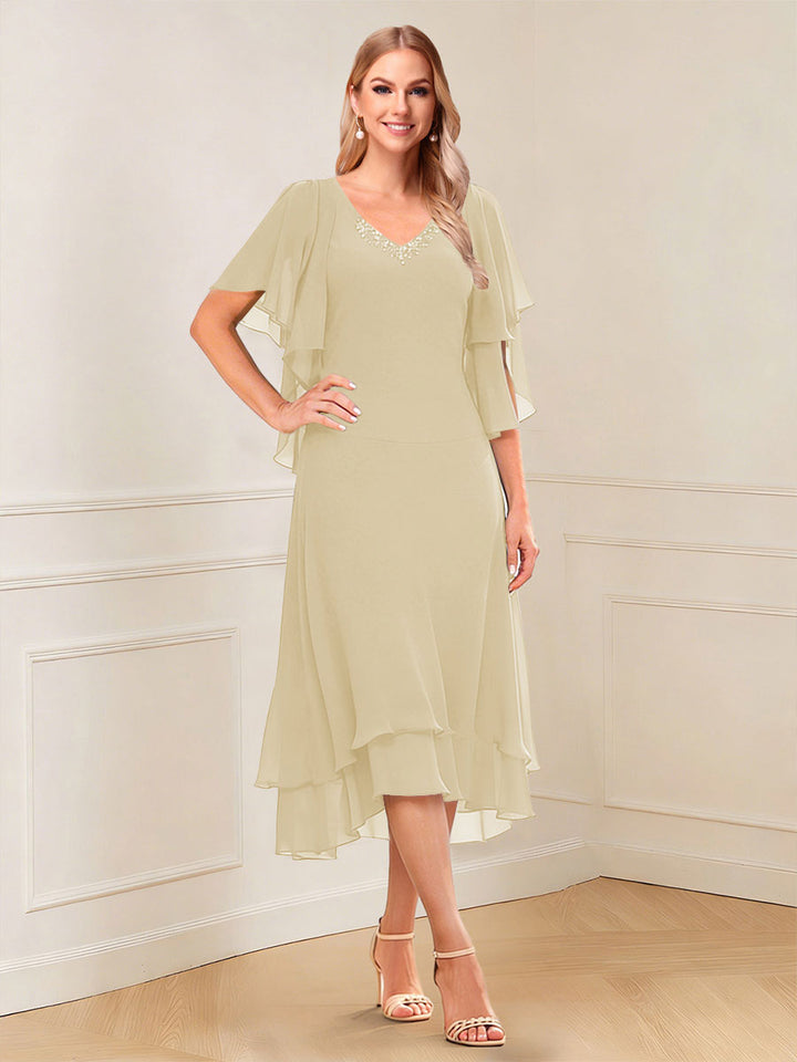 A-Line/Princess Short Sleeves V-Neck Tea-Length Mother of the Bride with Ruffles &amp; Beading