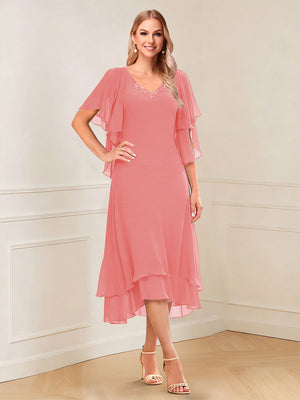 A-Line/Princess Short Sleeves V-Neck Tea-Length Mother of the Bride with Ruffles & Beading