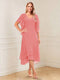 A-Line/Princess Short Sleeves V-Neck Tea-Length Mother of the Bride with Ruffles & Beading