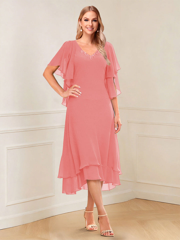 A-Line/Princess Short Sleeves V-Neck Tea-Length Mother of the Bride with Ruffles &amp; Beading