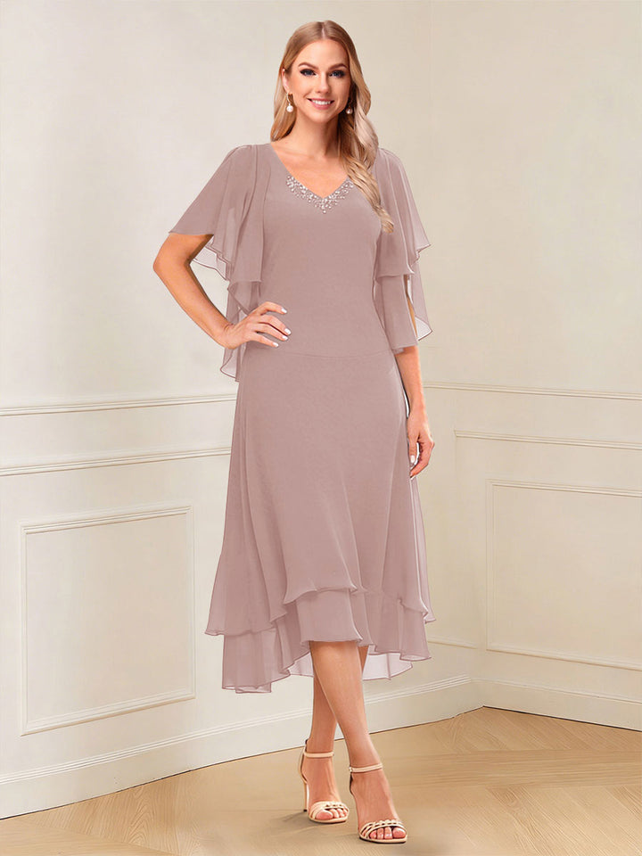 A-Line/Princess Short Sleeves V-Neck Tea-Length Mother of the Bride with Ruffles &amp; Beading
