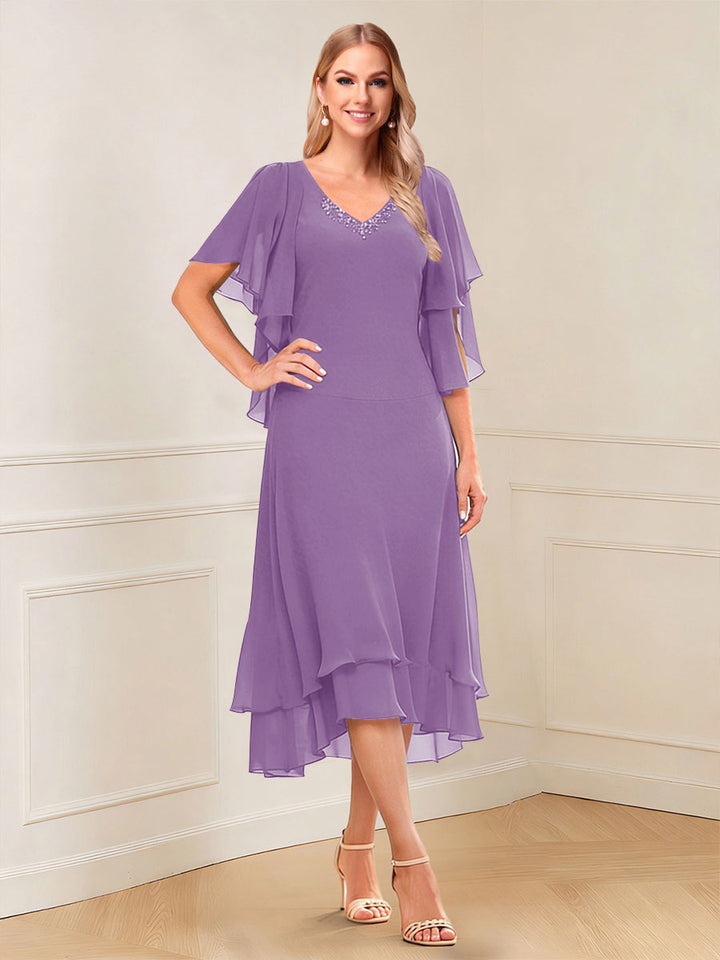 A-Line/Princess Short Sleeves V-Neck Tea-Length Mother of the Bride with Ruffles &amp; Beading