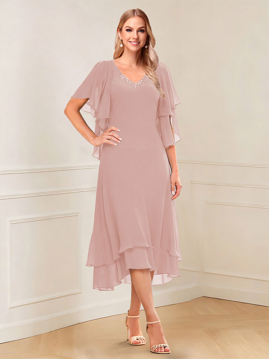 A-Line/Princess Short Sleeves V-Neck Tea-Length Mother of the Bride with Ruffles &amp; Beading