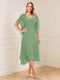 A-Line/Princess Short Sleeves V-Neck Tea-Length Mother of the Bride with Ruffles & Beading
