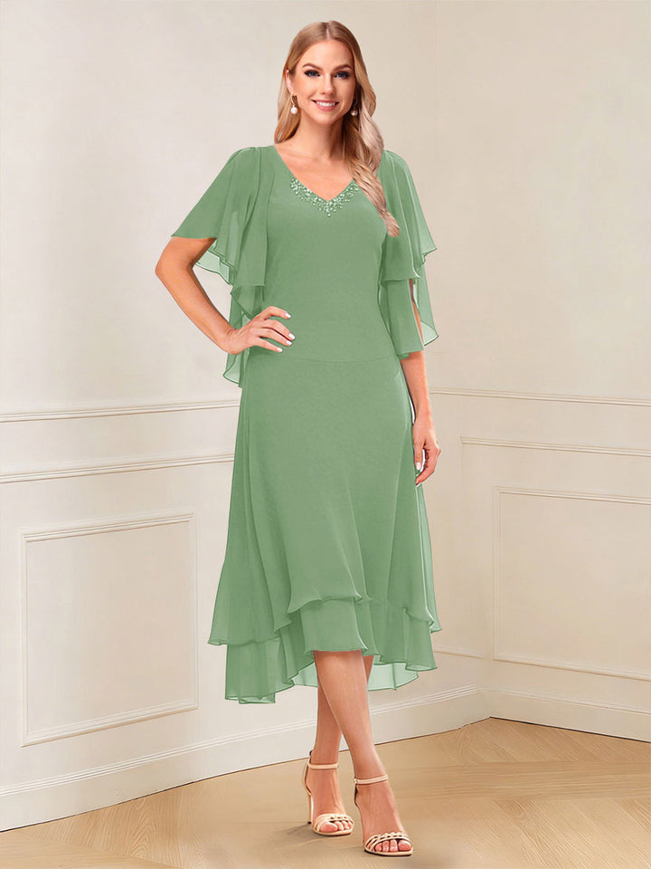 A-Line/Princess Short Sleeves V-Neck Tea-Length Mother of the Bride with Ruffles &amp; Beading