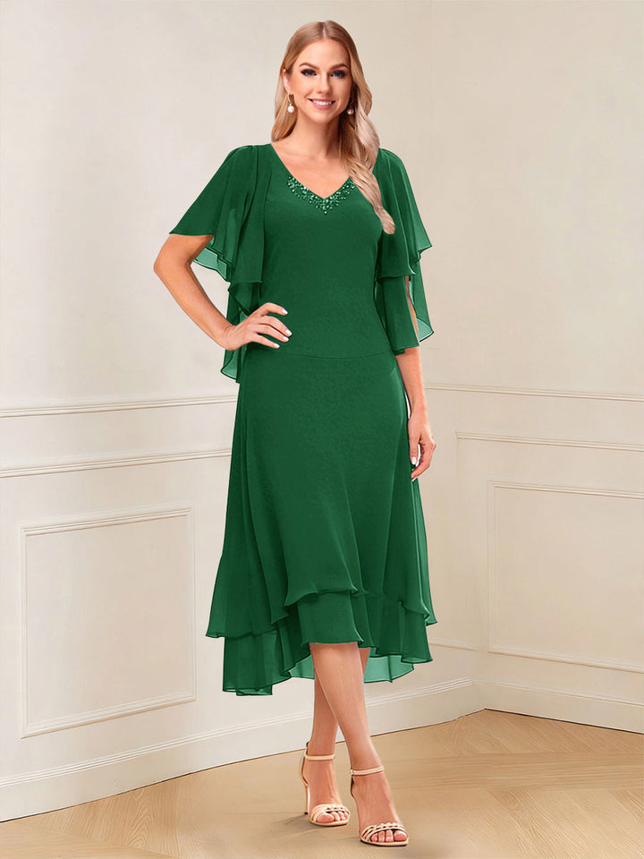 A-Line/Princess Short Sleeves V-Neck Tea-Length Mother of the Bride with Ruffles &amp; Beading