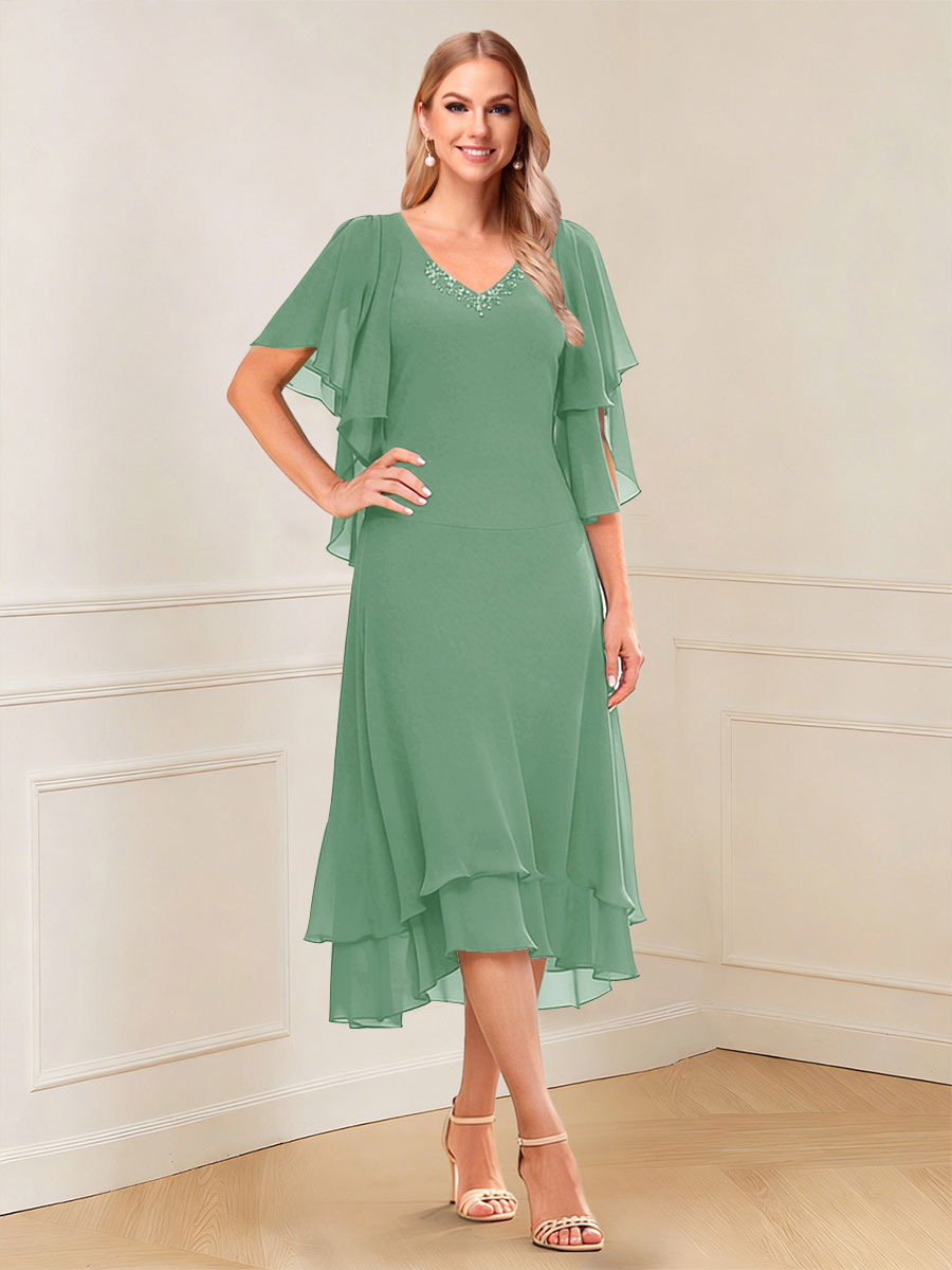 A-Line/Princess Short Sleeves V-Neck Tea-Length Mother of the Bride with Ruffles &amp; Beading