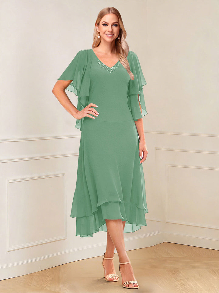 A-Line/Princess Short Sleeves V-Neck Tea-Length Mother of the Bride with Ruffles &amp; Beading