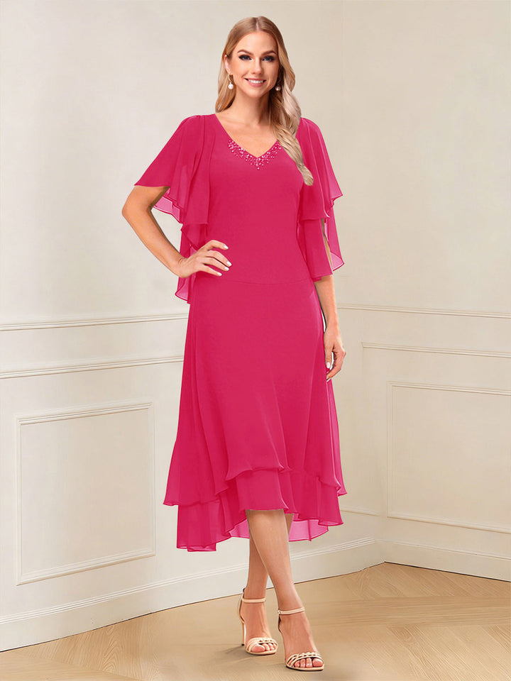A-Line/Princess Short Sleeves V-Neck Tea-Length Mother of the Bride with Ruffles &amp; Beading