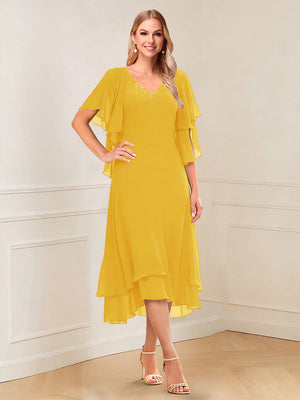 A-Line/Princess Short Sleeves V-Neck Tea-Length Mother of the Bride with Ruffles & Beading