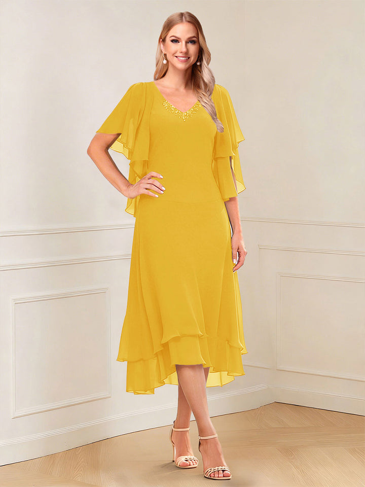 A-Line/Princess Short Sleeves V-Neck Tea-Length Mother of the Bride with Ruffles &amp; Beading