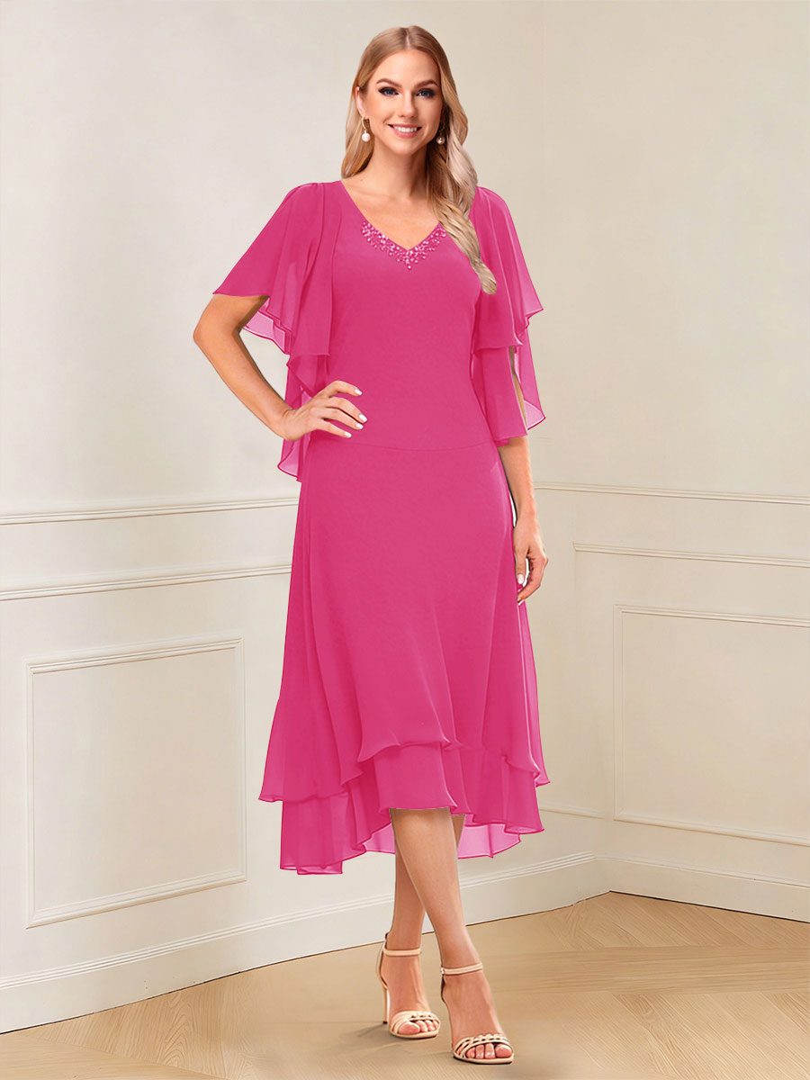 A-Line/Princess Short Sleeves V-Neck Tea-Length Mother of the Bride with Ruffles &amp; Beading