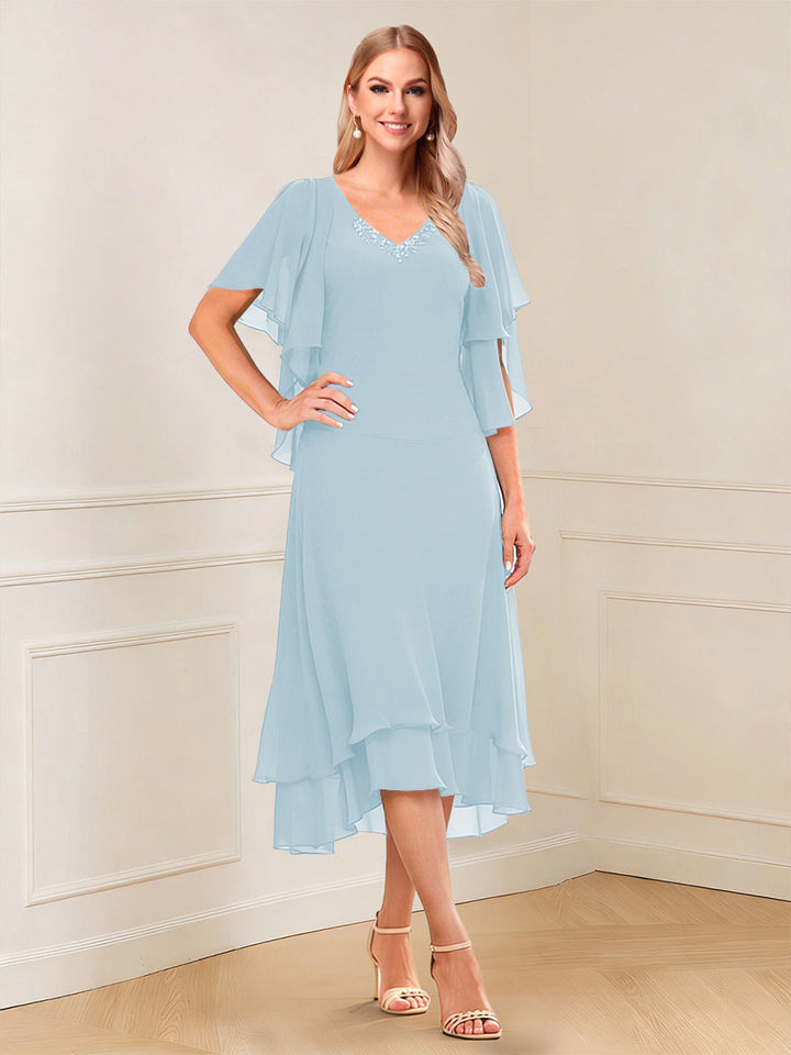 A-Line/Princess Short Sleeves V-Neck Tea-Length Mother of the Bride with Ruffles &amp; Beading