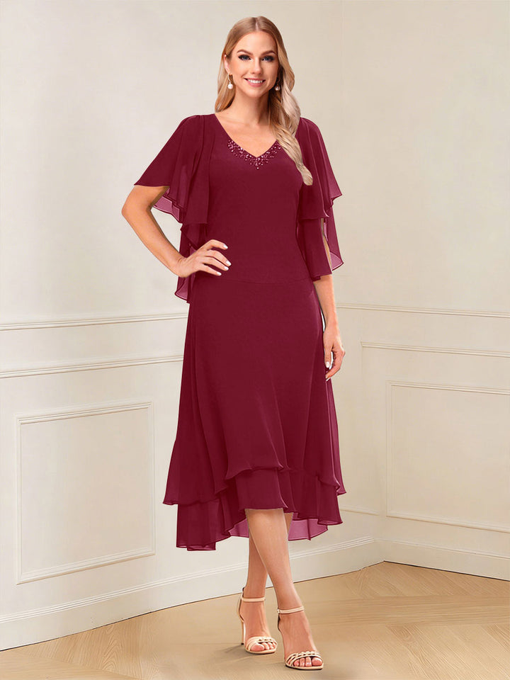 A-Line/Princess Short Sleeves V-Neck Tea-Length Mother of the Bride with Ruffles &amp; Beading