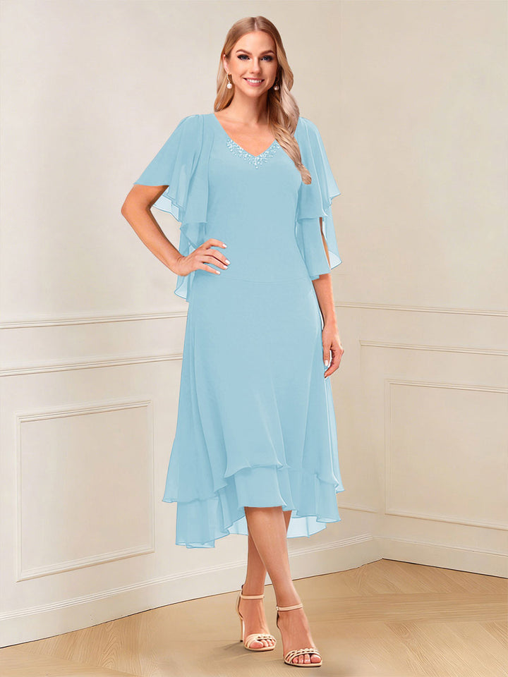 A-Line/Princess Short Sleeves V-Neck Tea-Length Mother of the Bride with Ruffles &amp; Beading