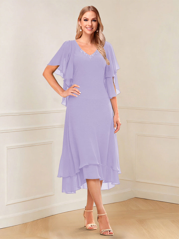 A-Line/Princess Short Sleeves V-Neck Tea-Length Mother of the Bride with Ruffles &amp; Beading